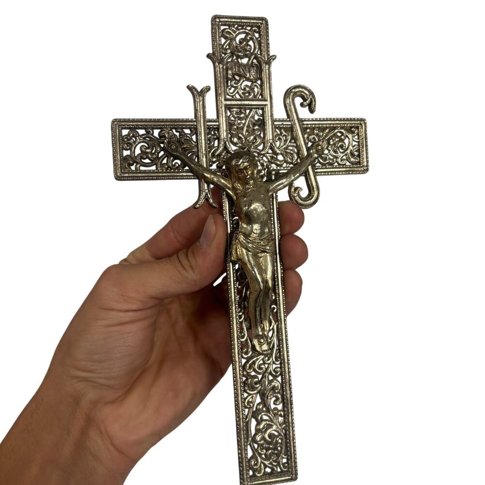 Vintage Crucifix IHS Cross Jesus Ornate Filigree Brass Wall Hanging 9x5"